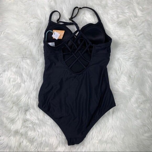 Kona Sol Black One-Piece Swimsuit Size Small Strappy Back V-Neck Ruched - Picture 3 of 6
